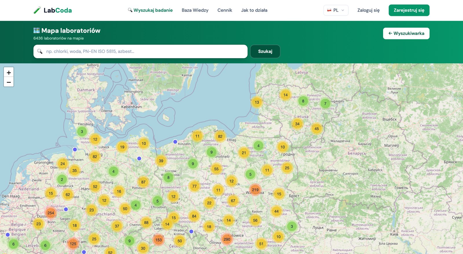 Mapa laboratoriów na LabCoda.pl — 6436 akredytowanych laboratoriów naniesionych na mapę Europy, pogrupowanych w skupiska z licznikami