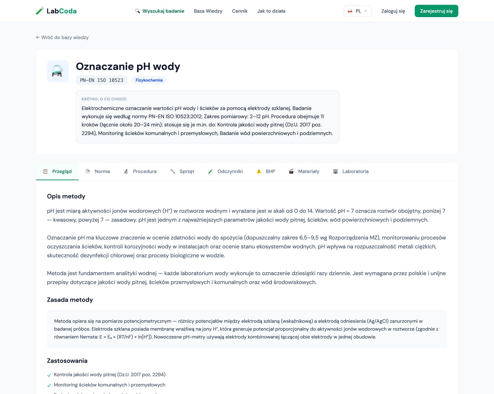 Karta metody Oznaczanie pH wody na LabCoda.pl — norma PN-EN ISO 10523, streszczenie metody i osiem zakładek: Przegląd, Norma, Procedura, Sprzęt, Odczynniki, BHP, Materiały, Laboratoria