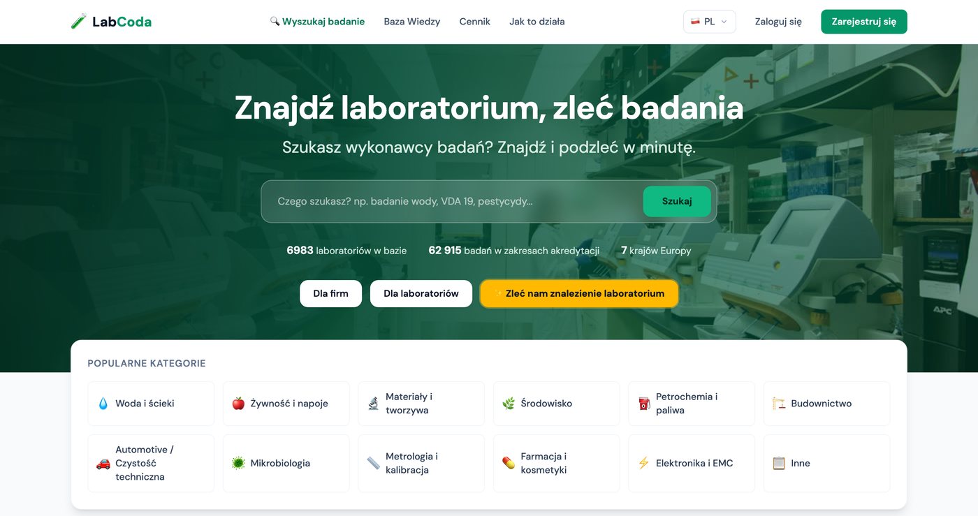 Strona główna LabCoda.pl — wyszukiwarka badań, 6983 laboratoriów w bazie, 62 915 badań w zakresach akredytacji i dwanaście kategorii badawczych