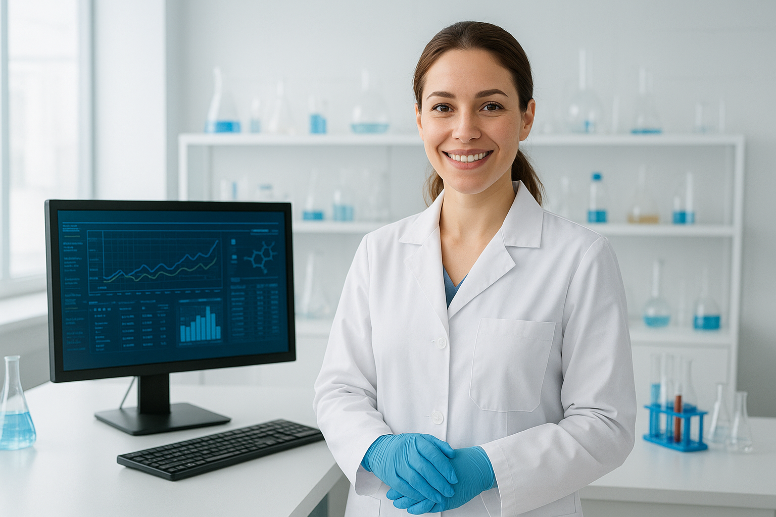 Laboratory scientist working with LIMS system on computer in modern lab